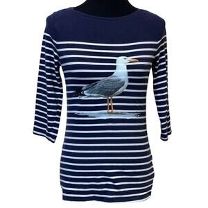 Hand Printed Upcycled Womens Small Seagull Bird Cotton Blend Long Sleeve Tee
